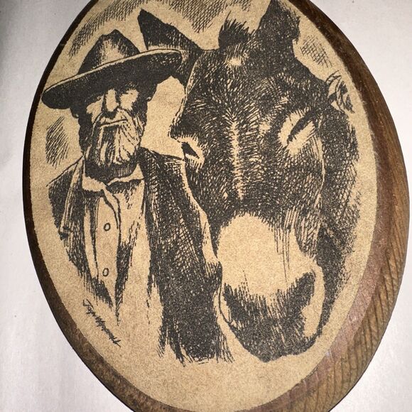 Vintage Wooden Old west Pen and Ink on Suede Wood Plaque Signed John Wyoprall - Picture 3 of 7
